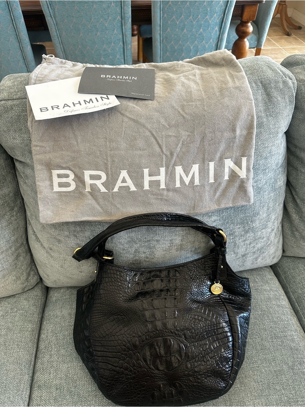 Brahmin Black Croc-Embossed Shoulder Bag with Gold Accents